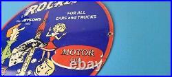 Vintage Rocket Gasoline Sign Jetsons Auto Trucks Gas Pump Porcelain Sign