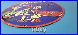 Vintage Rocket Gasoline Sign Jetsons Auto Trucks Gas Pump Porcelain Sign