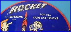 Vintage Rocket Gasoline Sign Jetsons Auto Trucks Gas Pump Porcelain Sign