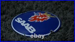 Vintage Saab Porcelain Metal Sign Gas Oil Motor Car Station Pump Push Plate Rare