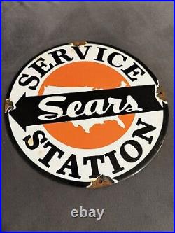 Vintage Sears Auto service PORCELAIN ENAMEL SIGN oil gas gasoline pump plate