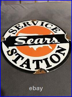 Vintage Sears Auto service PORCELAIN ENAMEL SIGN oil gas gasoline pump plate