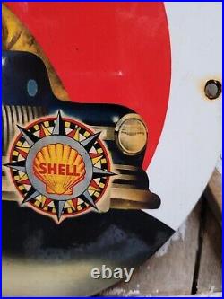 Vintage Shell Porcelain Sign Old Car Oil Gas Station Pump Plate Tour Confidently