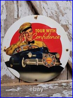 Vintage Shell Porcelain Sign Old Car Oil Gas Station Pump Plate Tour Confidently