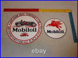 Vintage Sign Lot 2 Mobil Gargoyle Race Car 12+ 7.5 Mobiloil Pegasus Porcelain