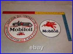 Vintage Sign Lot 2 Mobil Gargoyle Race Car 12+ 7.5 Mobiloil Pegasus Porcelain