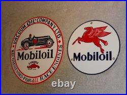 Vintage Sign Lot 2 Mobil Gargoyle Race Car 12+ 7.5 Mobiloil Pegasus Porcelain