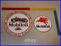 Vintage Sign Lot 2 Mobil Gargoyle Race Car 12+ 7.5 Mobiloil Pegasus Porcelain