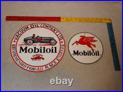 Vintage Sign Lot 2 Mobil Gargoyle Race Car 12+ 7.5 Mobiloil Pegasus Porcelain