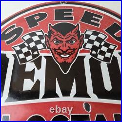 Vintage Speed Demon Sign Gas Automobile Devil Garage Shop Porcelain Gas Sign