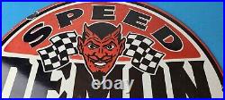 Vintage Speed Demon Sign Gas Automobile Devil Garage Shop Porcelain Gas Sign