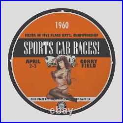 Vintage Sports Car Races Corry Field 1960 Oil Porcelain Gas Pump Sign