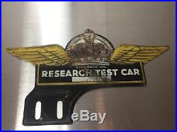 Vintage Standard Oil Research Test Car License Plate Topper Sign Gold Crown 30s