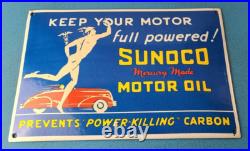 Vintage Sunoco Mercury Made Sign Auto Gas Pump Plate Porcelain Motor Oil Sign