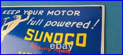 Vintage Sunoco Mercury Made Sign Auto Gas Pump Plate Porcelain Motor Oil Sign