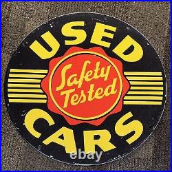 Vintage Used Cars Safety Tested Porcelain Sign Auto Dealership Sales Service Ad