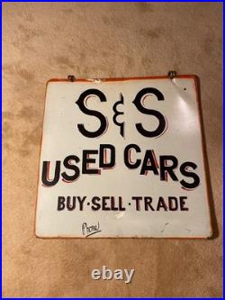 Vintage Used Metal Car Sign Double Sided Hanging 26 X 26