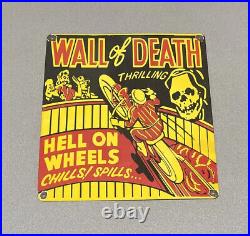 Vintage Wall Of Death Motorcycle 17 Porcelain Sign Car Gas Oil Truck Auto