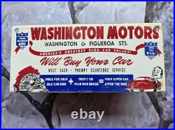 Vintage Washington Motors Used Cars Porcelain Sign Motor Oil Auto Sales 10x4.5