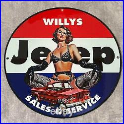 Vintage Willys Jeep Porcelain Sign Gas Oil Auto Sales And Service Car Pump Plate