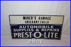Vintage c. 1930 Prest-O-Lite Automobile Supplies Gas Oil 23 Embossed Metal Sign