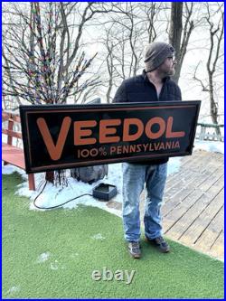 Vintage early Veedol Motor Oil Metal Gasoline Auto Gas Sign 49 by 17 wood frame