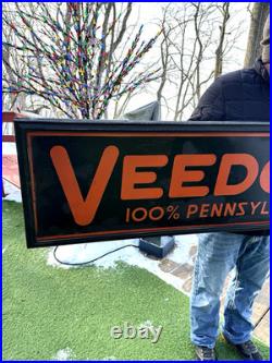 Vintage early Veedol Motor Oil Metal Gasoline Auto Gas Sign 49 by 17 wood frame