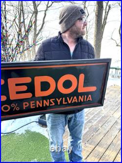 Vintage early Veedol Motor Oil Metal Gasoline Auto Gas Sign 49 by 17 wood frame