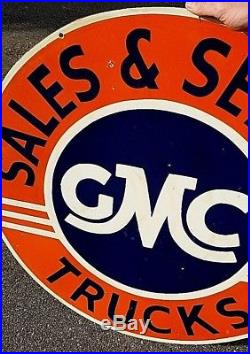 Vintage lg 30in GMC truck Sales Service Car Gasoline Oil Gas Porcelain Sign