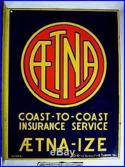 Vtg 1930 Art Deco AETNA-ize Auto Car Insurance Gas Station PORCELAIN Flange Sign