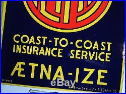 Vtg 1930 Art Deco AETNA-ize Auto Car Insurance Gas Station PORCELAIN Flange Sign