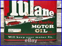 Vtg 1930s 40s TULANE Motor Oil 2 Gallon Oil Can Tin With Car Graphics RARE Gas Oil