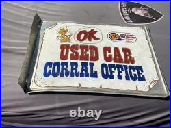 Vtg CHEVROLET OK USED CAR CORRAL OFFICE COWBOY METAL GASOLINE OIL SIGN Flange Vtg CHEVROLET OK USED CAR CORRAL OFFICE COWBOY METAL GASOLINE OIL SIGN Flange