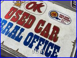 Vtg CHEVROLET OK USED CAR CORRAL OFFICE COWBOY METAL GASOLINE OIL SIGN Flange
