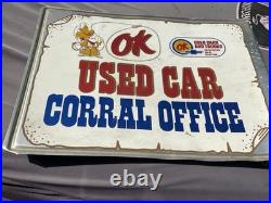 Vtg CHEVROLET OK USED CAR CORRAL OFFICE COWBOY METAL GASOLINE OIL SIGN Flange