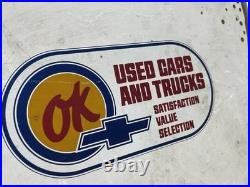 Vtg CHEVROLET OK USED CAR CORRAL OFFICE COWBOY METAL GASOLINE OIL SIGN Flange
